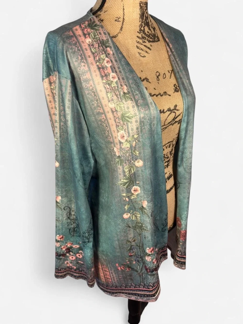 Boho Floral Open Front Kimono Cardigan XXL Teal Lightweight Duster Casual